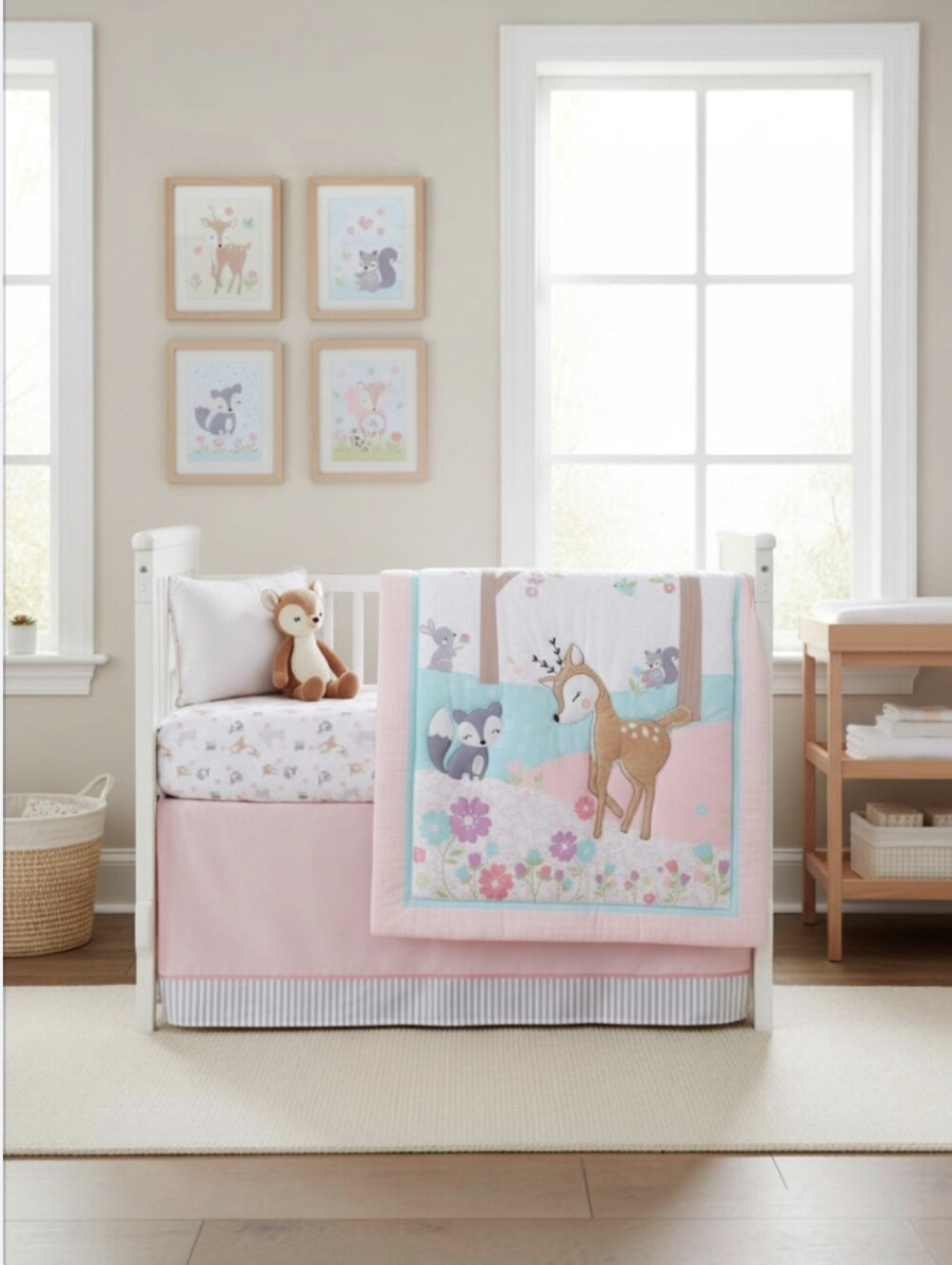 Parents Choice Girls Woodland Animal Soft Nursery Crib Blanket Bedding 3pc. Set